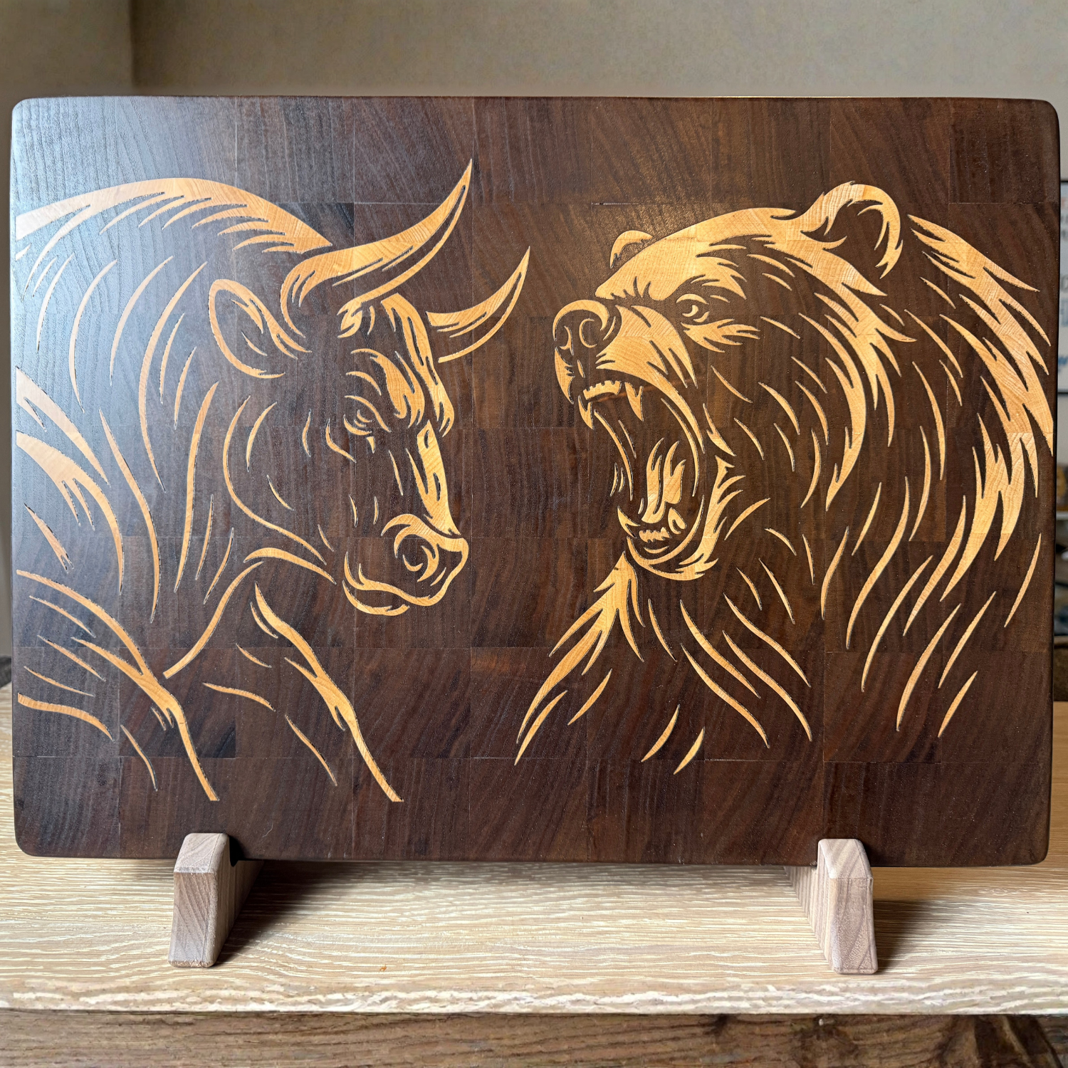 Bull vs Bear Engraved Walnut End Grain Cutting Board
