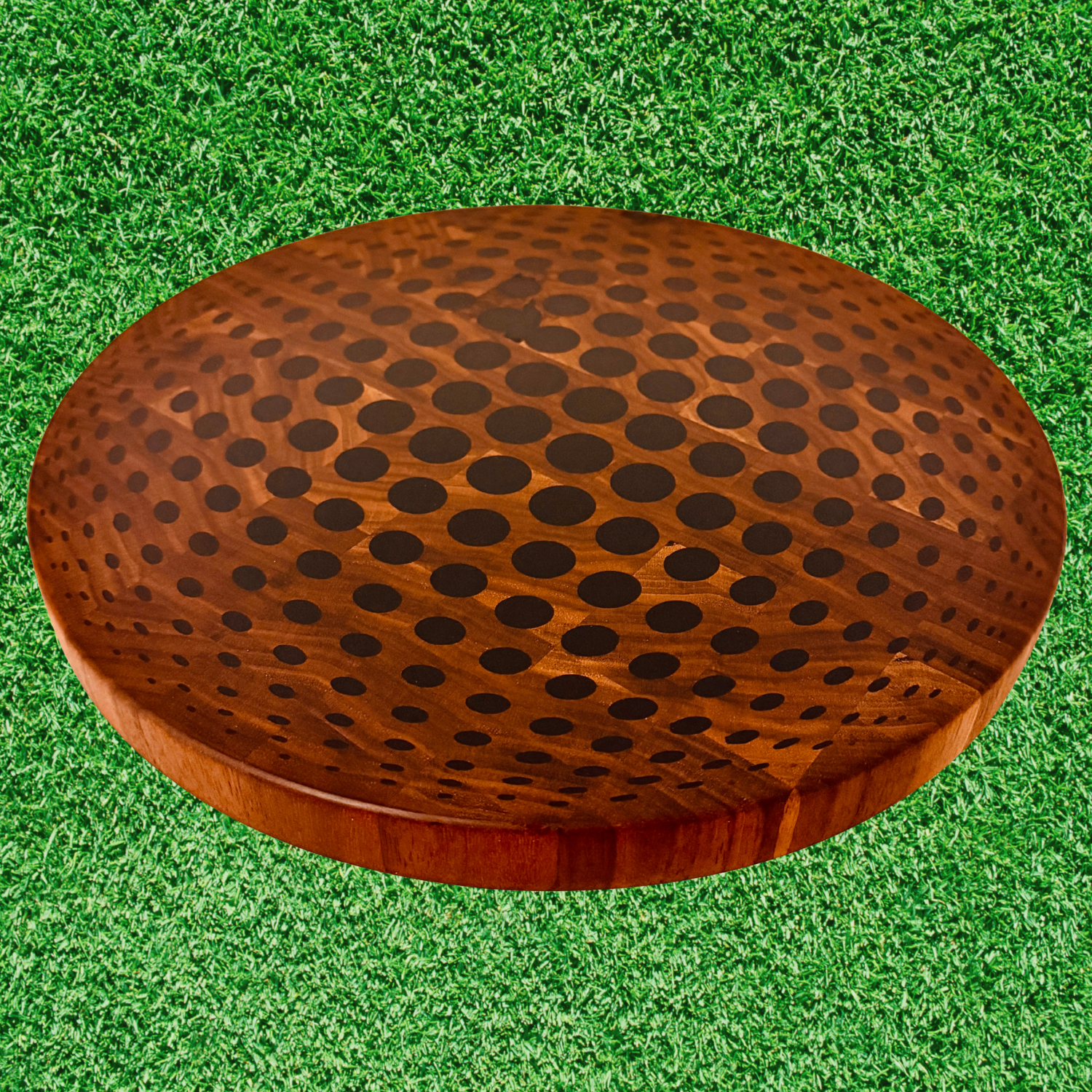 Round Walnut End Grain Cutting Board with Dot Inlay Pattern